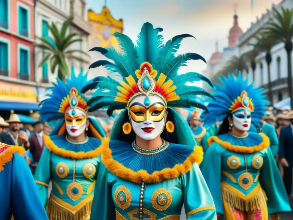 Carnaval de Montevideo: Colorida fiesta uruguaya Una pintura acuarela detallada y vibrante del desfile de carnaval en Montevideo, Uruguay, con trajes y motivos uruguayos