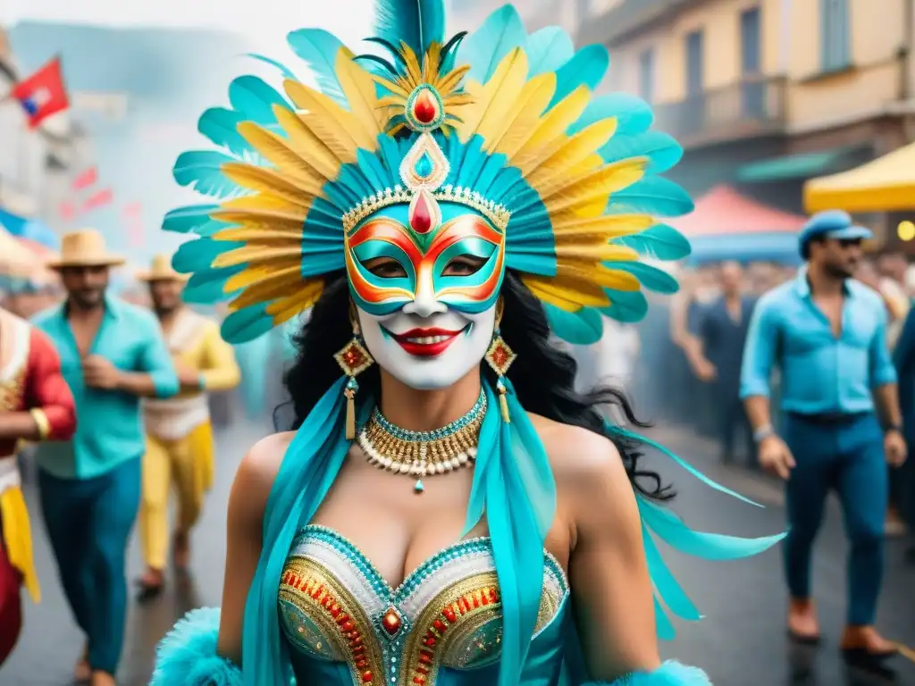 Deslumbrante Carnaval en Uruguay: Colorida pintura acuarela Una pintura de acuarela detallada del vibrante desfile de Carnaval en Uruguay, capturando la rica herencia cultural y la alegría festiva