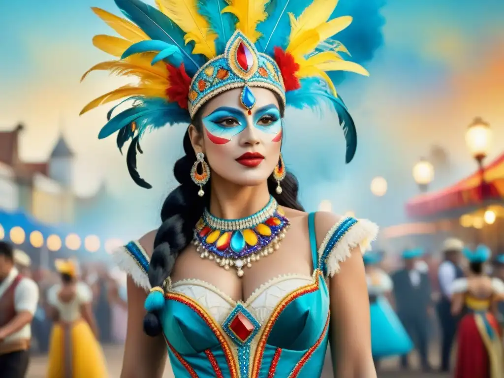 Deslumbrante traje de carnaval uruguayo: una obra de arte acuarela Una pintura acuarela detallada de un vibrante y elaborado traje de carnaval histórico de Uruguay, resaltando la rica herencia cultural y la artesanía