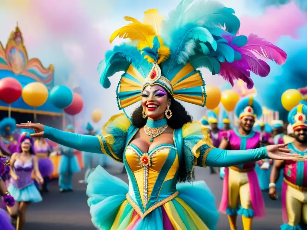 Desfile de Carnaval: alegría y colorido en acuarela Una pintura acuarela detallada de un vibrante desfile de carnaval, celebrando la diversidad cultural con energía y movimiento