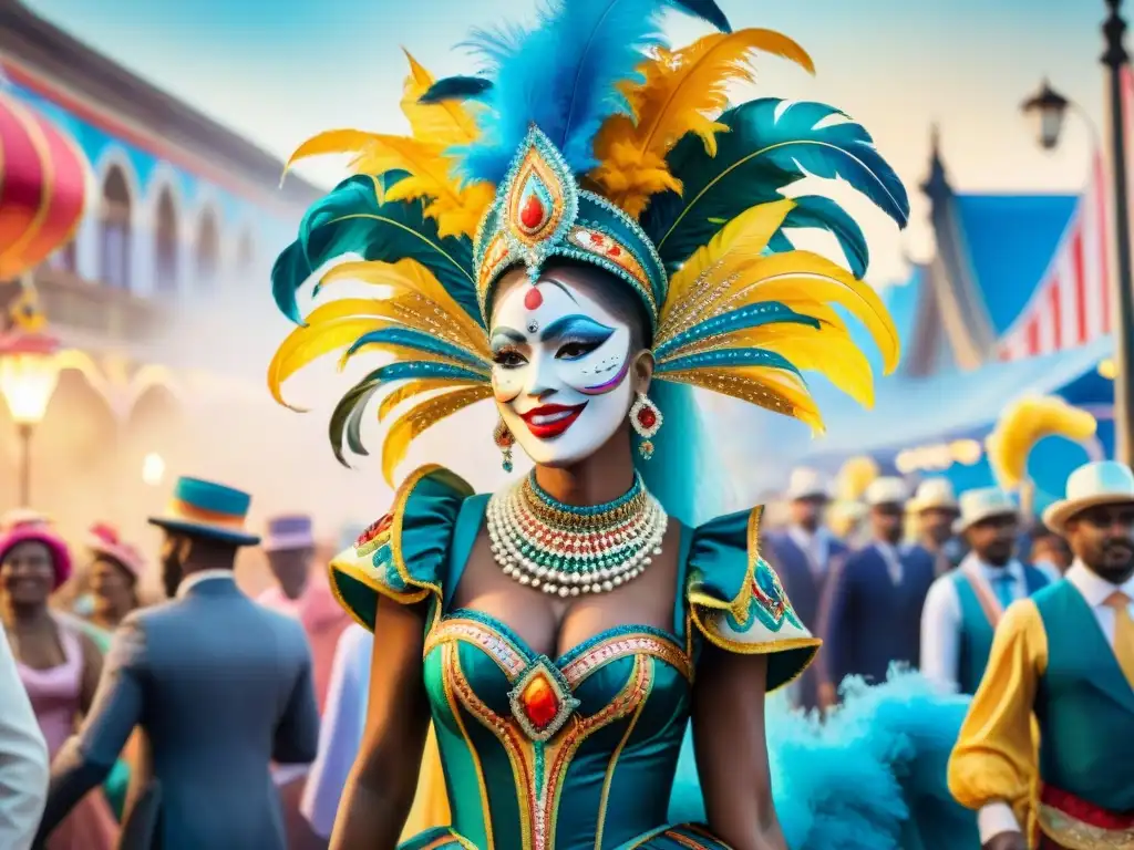 Desfile de Carnaval: Explosión de Color y Alegría Una pintura acuarela detallada de un vibrante desfile de carnaval, con artistas vestidos de forma elaborada y accesorios originales para Carnaval
