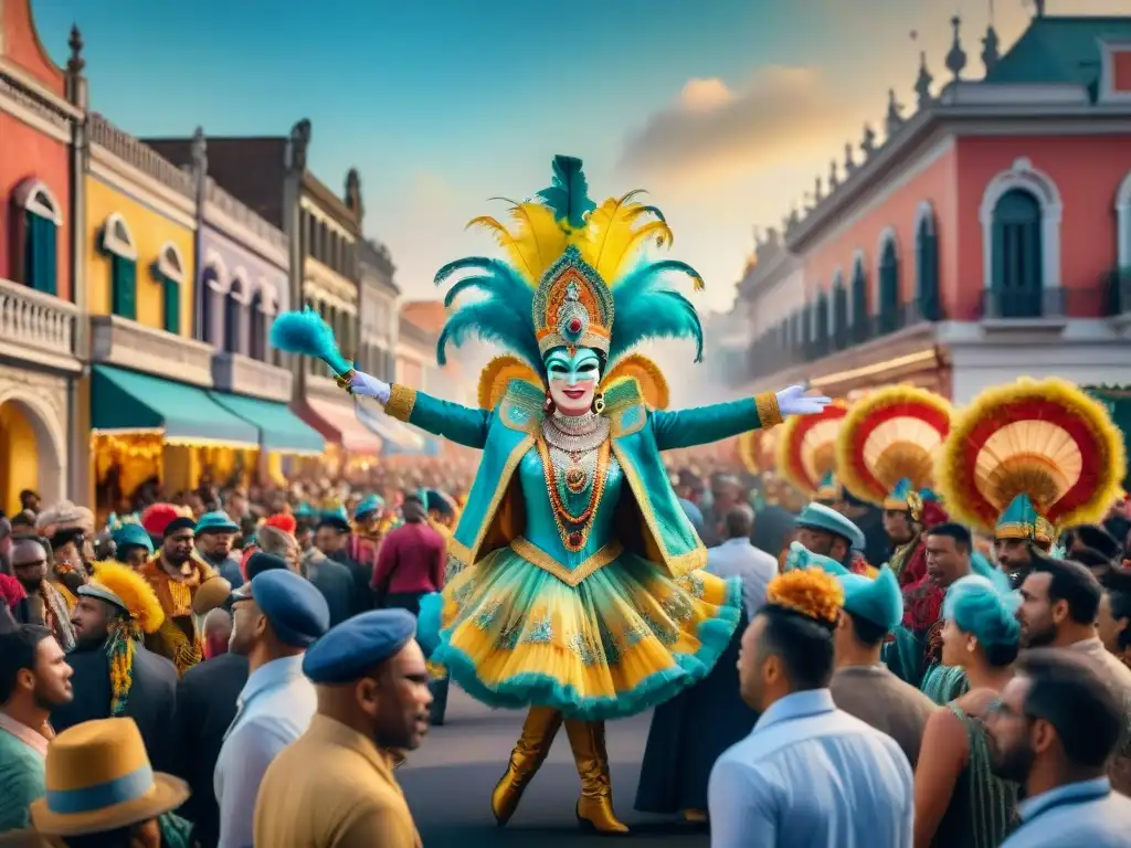 Una pintura acuarela detallada de un vibrante desfile de Carnaval con carrozas y bailarines coloridos, transmitiendo energía festiva