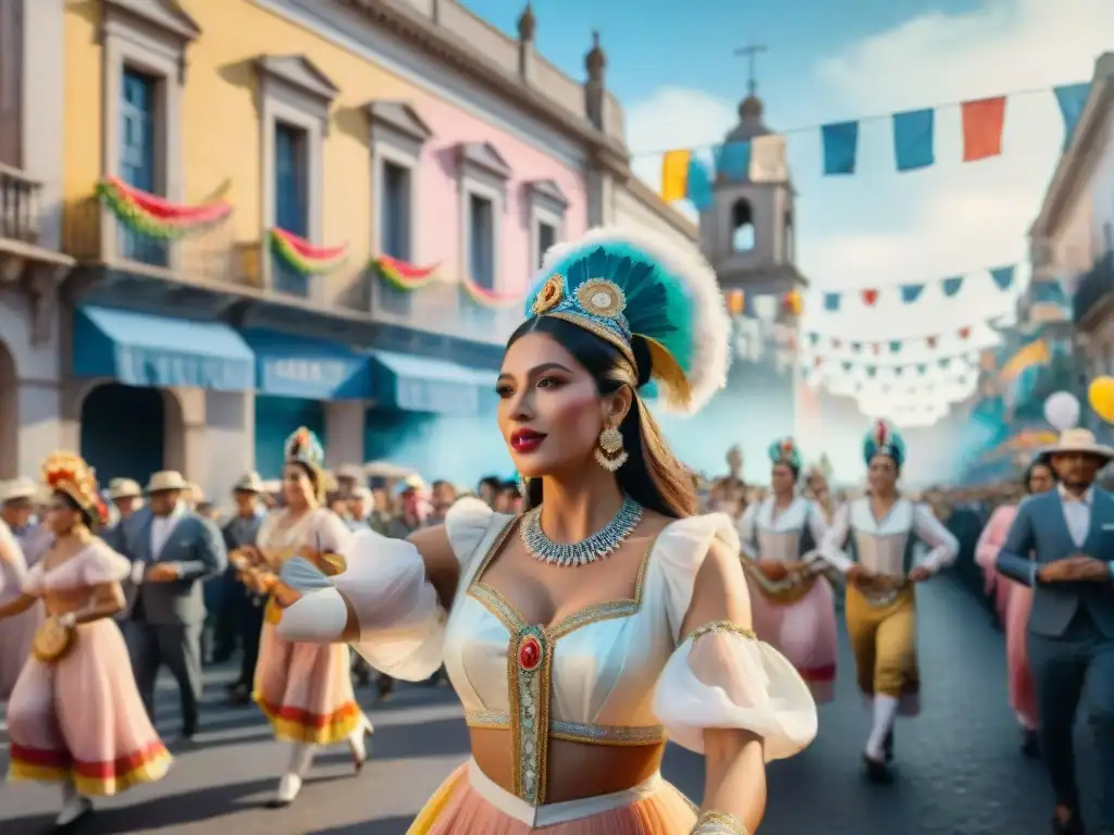 Carnaval en Uruguay: Baile y color en la calle Una pintura acuarela detallada de un vibrante desfile de Carnaval en Uruguay
