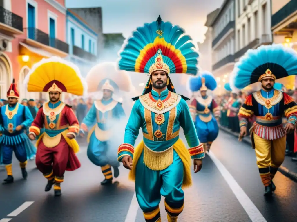 Deslumbrante Carnaval en Uruguay: pintura acuarela vibrante Una pintura de acuarela detallada del vibrante Carnaval en Uruguay, preservando su riqueza cultural