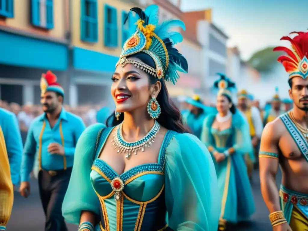 Carnaval en Uruguay: colorida fiesta en acuarela Una pintura acuarela detallada que muestra un vibrante desfile de Carnaval en Uruguay, con impacto económico en eventos del Carnaval Uruguayo