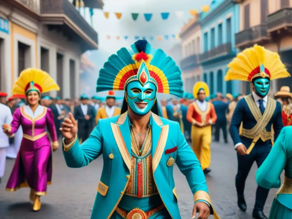 Carnaval Uruguayo: colorida celebración en las calles Una pintura de acuarela detallada de un vibrante escenario callejero durante el Carnaval Uruguayo, con coloridos trajes y máscaras