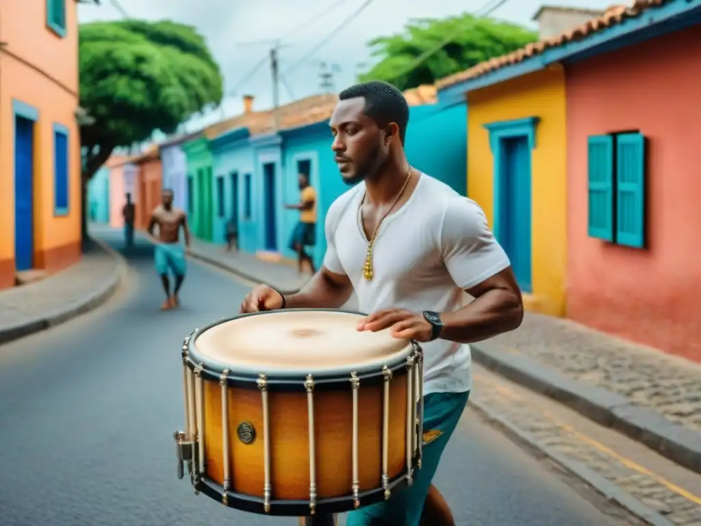 Vibrante pintura acuarela: esencia del Candombe en Uruguay Pintura acuarela de esclavos africanos tocando tambores en calles de Uruguay, rodeados de casas coloridas y vegetación exuberante