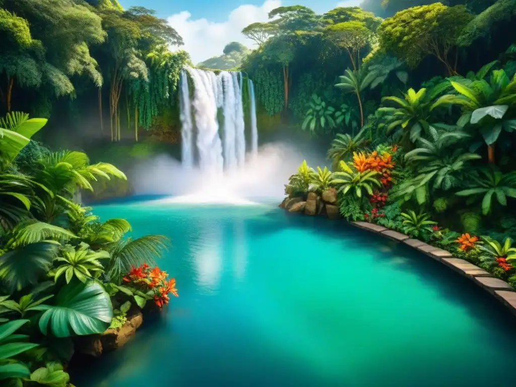 Pintura acuarela de exuberante selva tropical con cascada serena y flores exóticas, ideal para retiros de bienestar durante Carnaval