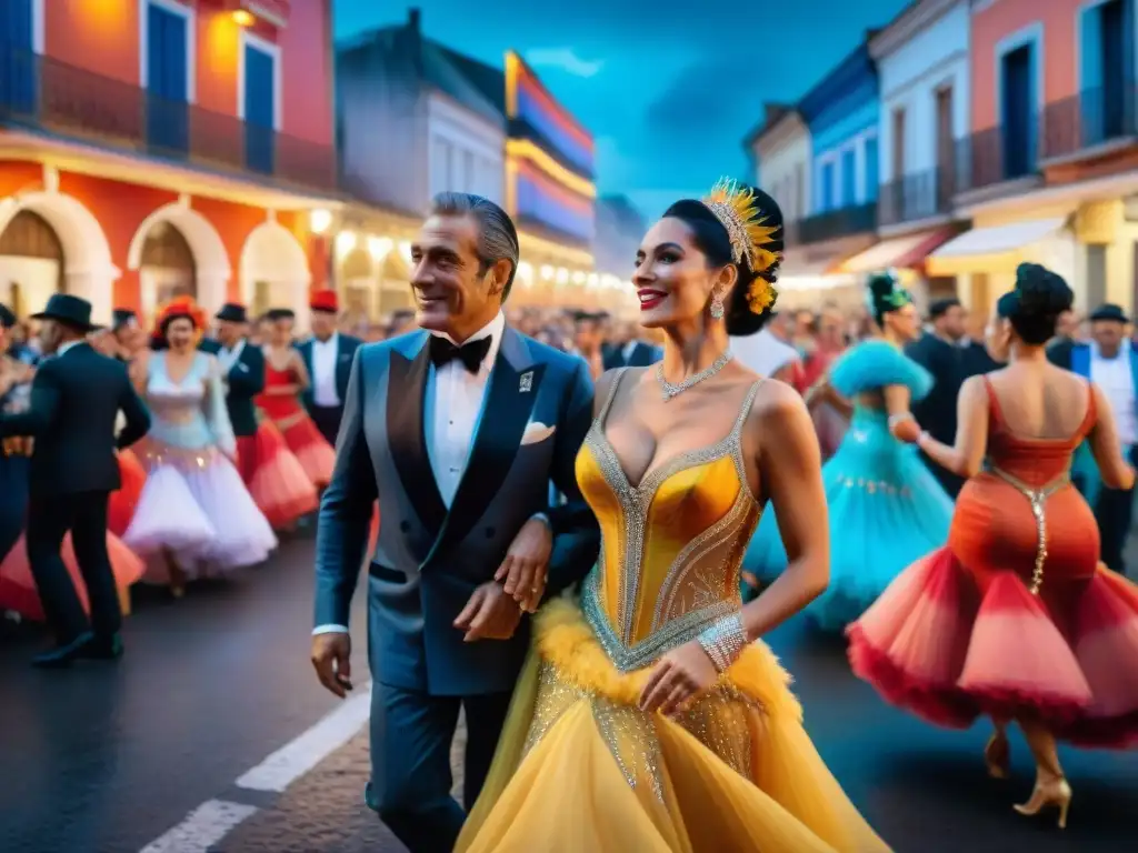 Carnaval Uruguayo: Tango con Julio Sosa y danzas vibrantes Una pintura acuarela de Julio Sosa en traje de Carnaval Uruguayo, rodeado de bailarines vibrantes en un desfile colorido