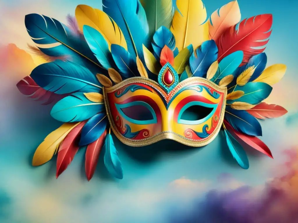 Coloridas máscaras de carnaval uruguayo: tradición y unidad Una pintura acuarela detalla máscaras coloridas del Carnaval Uruguayo, simbolizando tradición y unidad en vibrante desfile