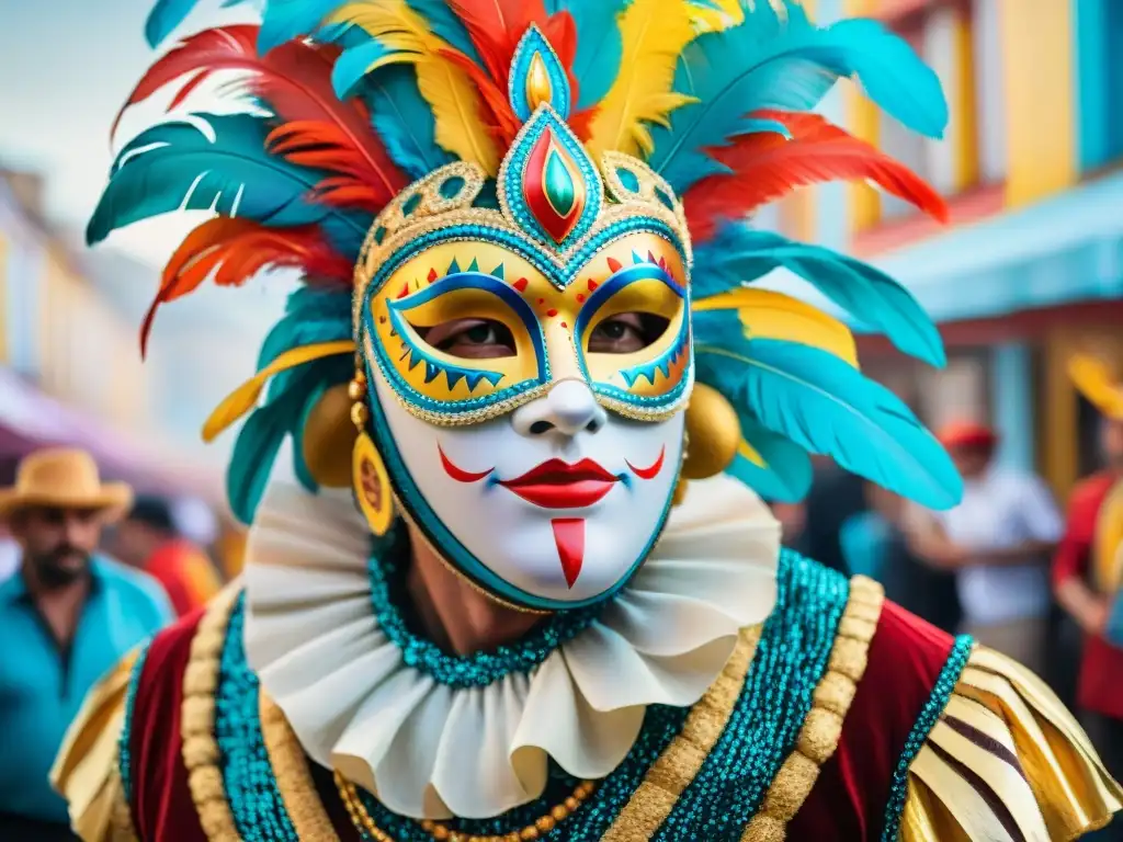 Máscaras de carnaval uruguayo: explosión de colores y detalles vibrantes Una pintura acuarela detalla máscaras vibrantes del Carnaval Uruguayo, con miradas expresivas que cuentan historias de celebración y alegría