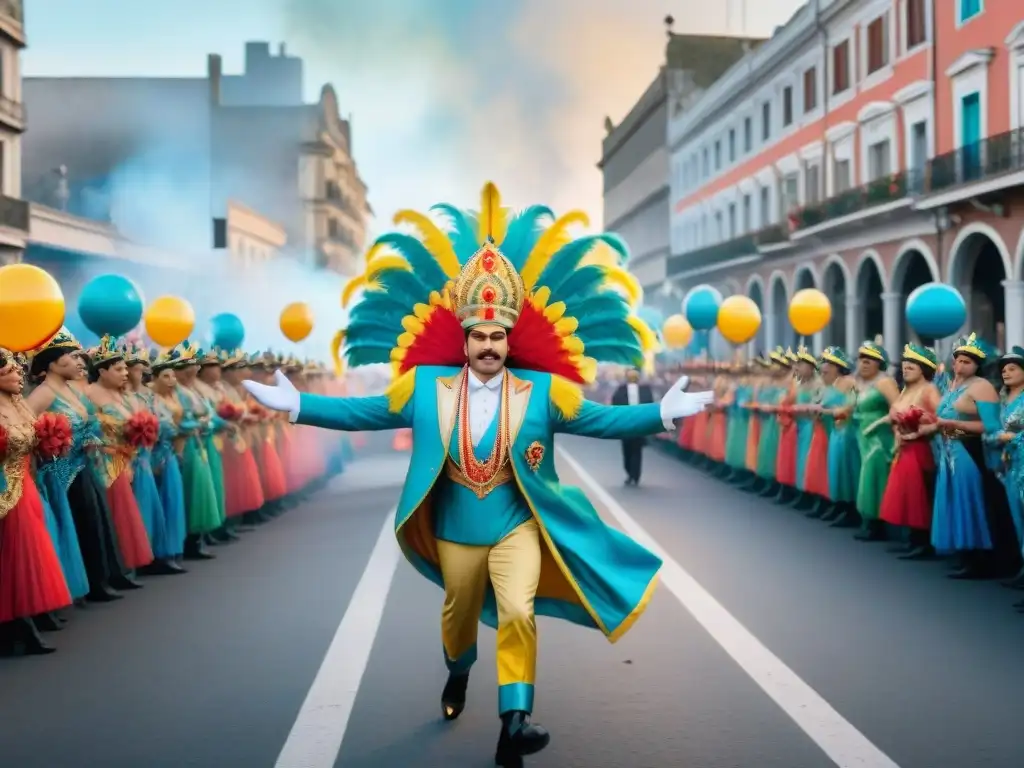 Carnaval en Uruguay: Detalles vibrantes del desfile 1991-2020 Una pintura acuarela ultradetallada de un vibrante desfile de Carnaval en Uruguay, mostrando la evolución de las celebraciones