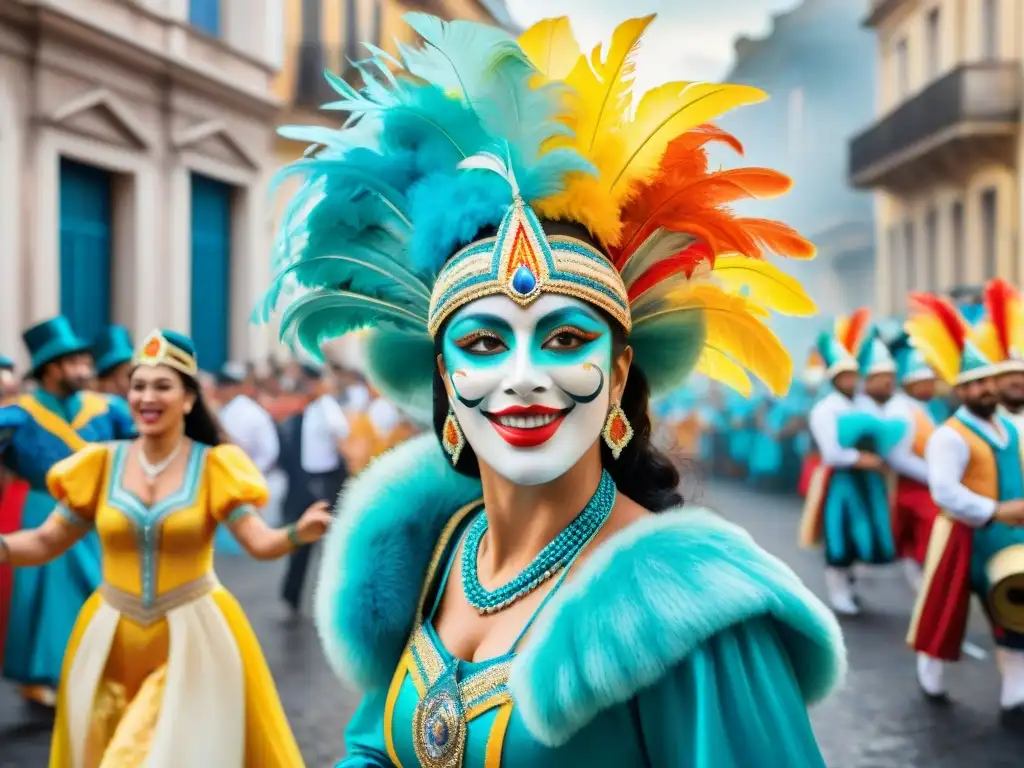 Carnaval en Uruguay: alegría y colorido Una pintura acuarela vibrante que representa un animado desfile de Carnaval en Uruguay, mostrando coloridos trajes, instrumentos musicales tradicionales y bailarines alegres con maquillaje facial intrincado, frente a edificios coloniales históricos