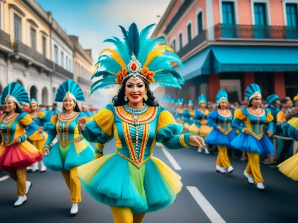 Una pintura acuarela del vibrante Carnaval en Uruguay con danzantes y carros detallados