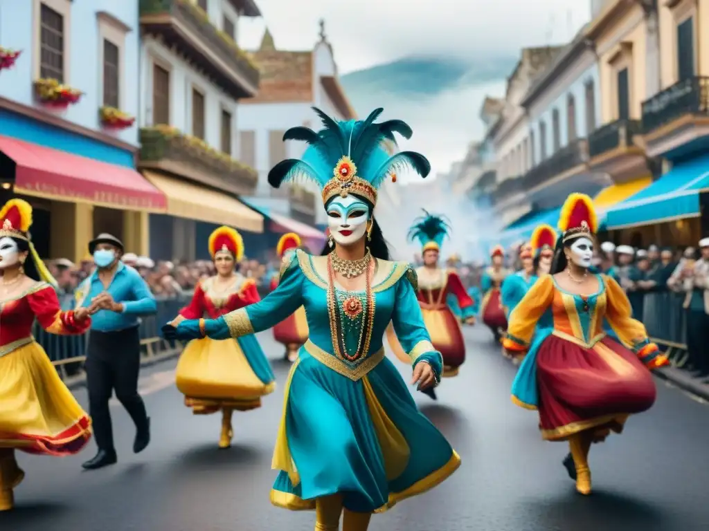 Carnaval Uruguayo: Danzas y alegría en las calles Pintura acuarela del vibrante Carnaval Uruguayo: guía viajero curioso
