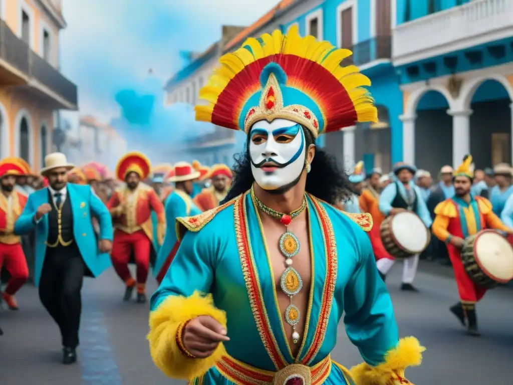 Deslumbrante Carnaval en Uruguay: pintura acuarela vibrante Una pintura acuarela detalla el vibrante Carnaval en Uruguay