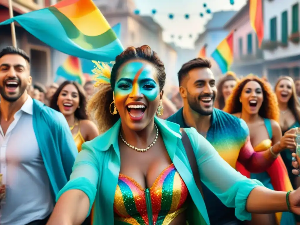 Fiesta del Carnaval Uruguayo: Celebración diversa y colorida Una pintura acuarela vibrante y colorida de la comunidad LGBTQ+ en Carnaval Uruguayo, celebrando juntos con alegría y diversidad