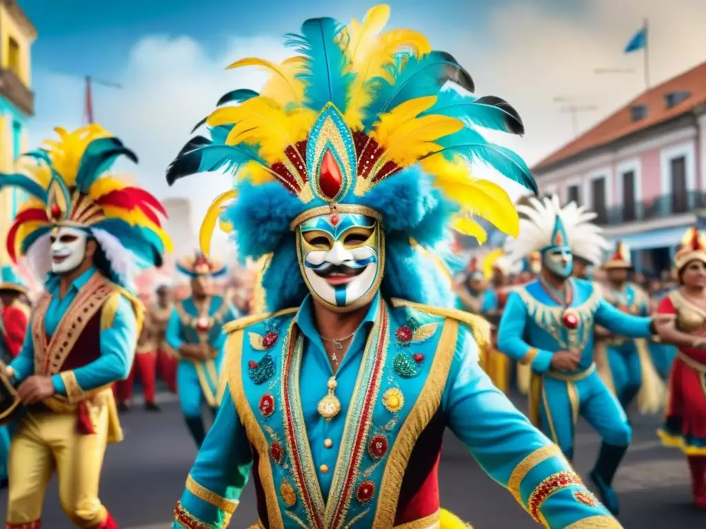 Una pintura acuarela detalla un vibrante desfile de Carnaval en Uruguay, con gente bailando en trajes coloridos y máscaras tradicionales