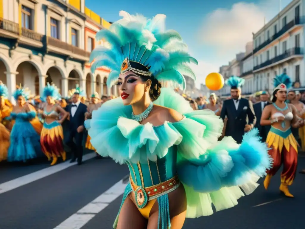 Deslumbrante Carnaval en Uruguay: Época de cambio (1961-1990) Una pintura acuarela detalla el vibrante desfile de Carnaval en Uruguay durante la evolución celebraciones Carnaval Uruguay