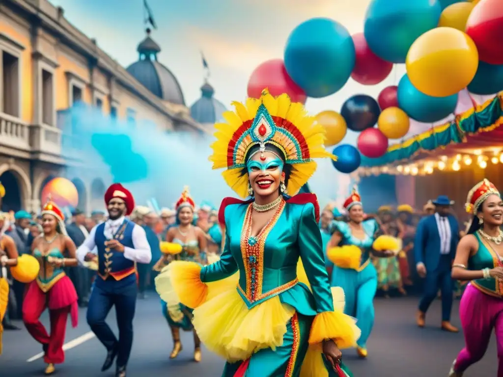 Pintura acuarela vibrante del Carnaval: desfile colorido y alegre Una pintura acuarela vibrante que captura la felicidad del Carnaval con desfiles coloridos, bailarines exuberantes y músicos