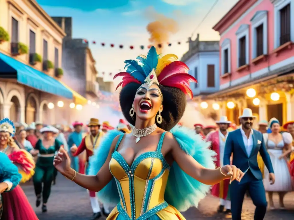 Carnaval en Uruguay: fiesta colorida y vibrante Una pintura acuarela vibrante que retrata la influencia de tonos color carnaval en una bulliciosa celebración en Uruguay