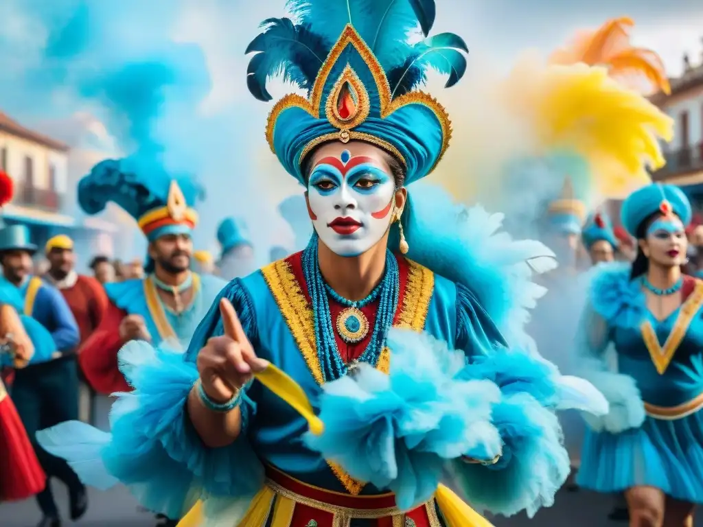 Deslumbrante pintura acuarela del Carnaval Uruguayo Una pintura acuarela vibrante que captura visualmente la música del Carnaval Uruguayo con deslumbrantes colores y movimientos festivos