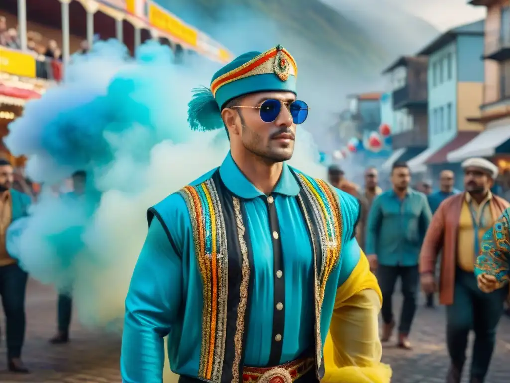 Contraste de carnavales: tradición vs Pintura acuarelada detallada: Carnaval Uruguayo comparativa imágenes, tradicional y moderno