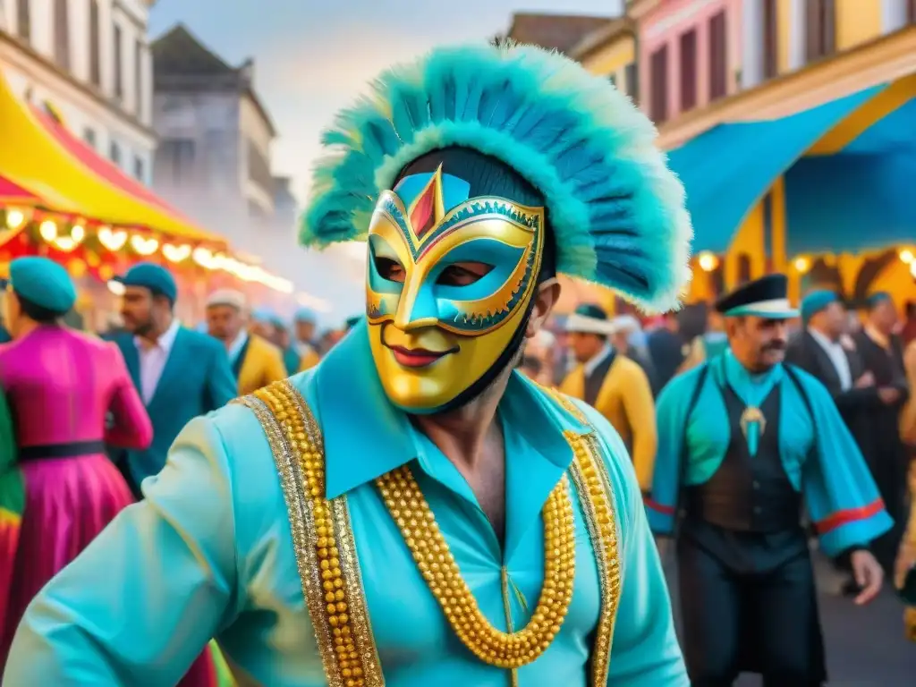 Colorida celebración de Carnaval en Uruguay Pintura acuarela de calle en Carnaval en Uruguay con trajes tradicionales y coloridos