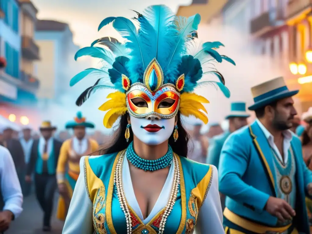 Diseños de Carnaval en Uruguay: Acuarela vibrante Pintura acuarela de desfile vibrante en Carnaval Uruguayo con trajes elaborados por diseñadores emergentes