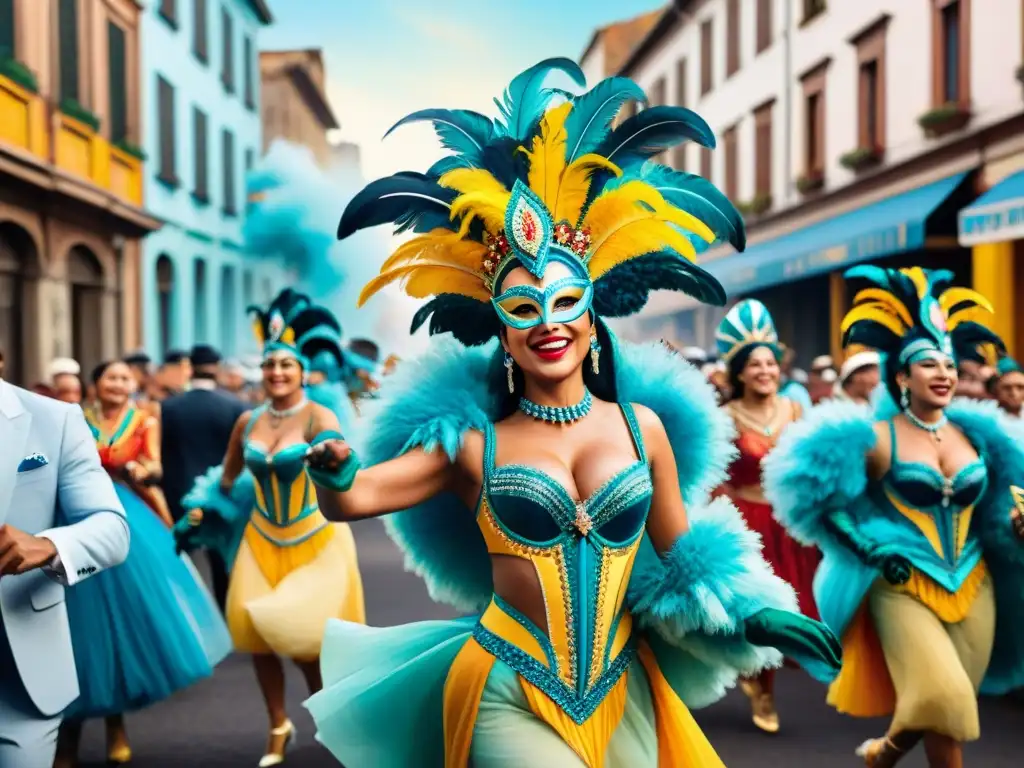 Pintura acuarela vibrante del Carnaval Uruguayo Una pintura detallada en acuarela del bullicioso Carnaval Uruguayo, con bailarines, músicos y espectadores celebrando