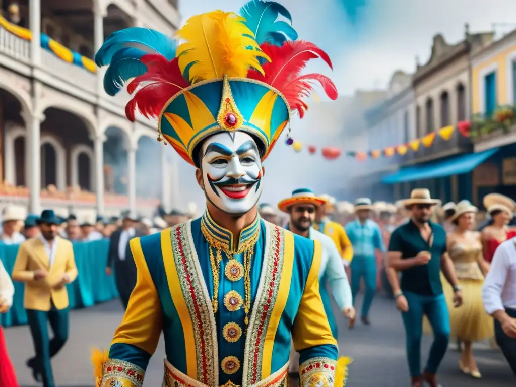 Pintura acuarela del Carnaval en Uruguay: escena vibrante y llena de vida Una pintura detallada en acuarela de un bullicioso desfile de Carnaval en Uruguay