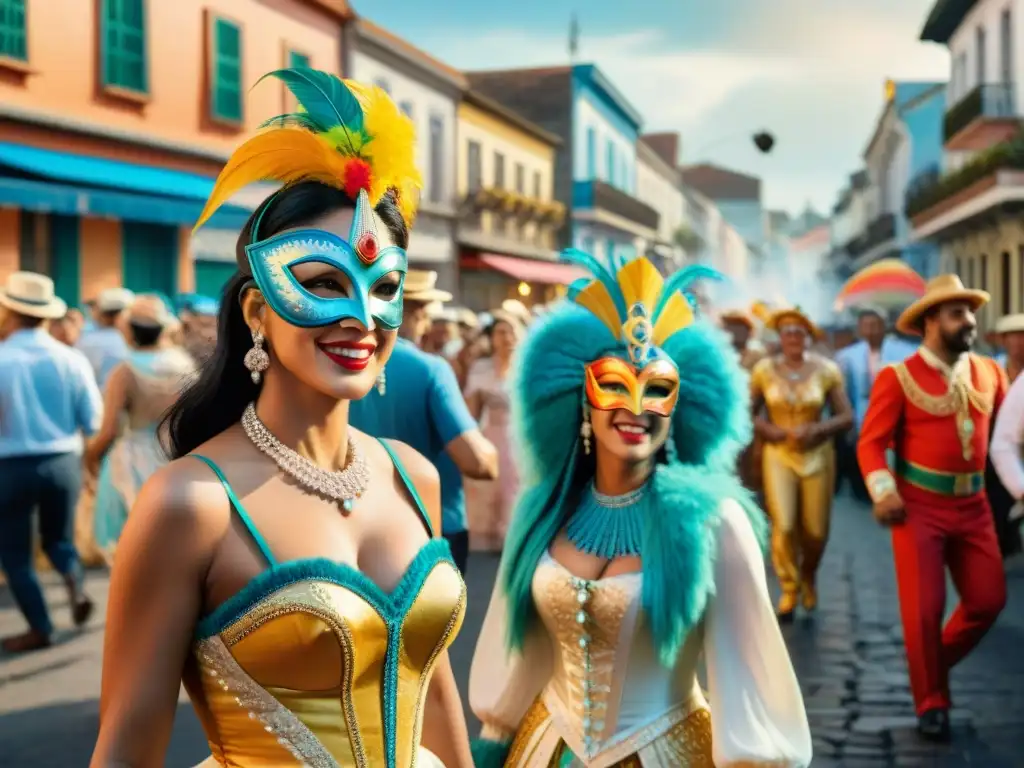 Street scene: Carnaval en Uruguay con alegría y color Una pintura detallada en acuarela del bullicioso Carnaval en Uruguay, con colores vibrantes y revisteros antiguos