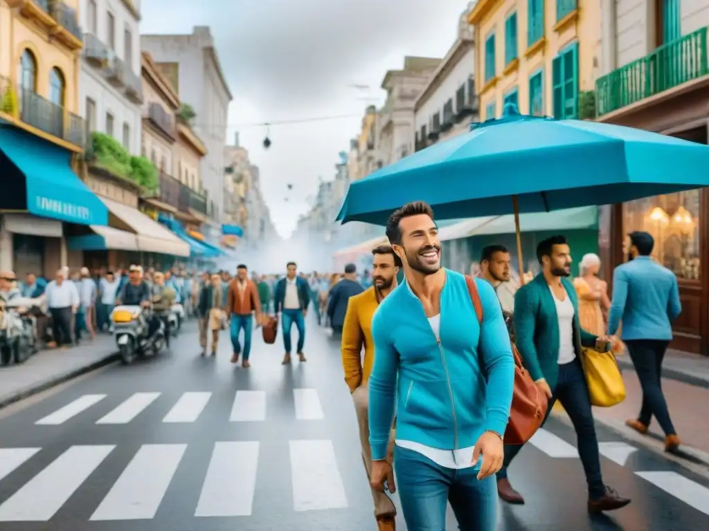 Colorida parodia callejera en Montevideo, Uruguay Una pintura detallada en acuarela muestra una calle bulliciosa en Montevideo, Uruguay, con personajes coloridos que parodian famosas figuras uruguayas