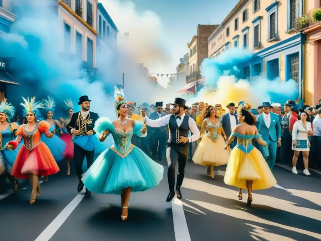 Una pintura detallada en acuarela del Carnaval Uruguayo, con murales vibrantes y artistas en trajes coloridos bailando en una bulliciosa calle