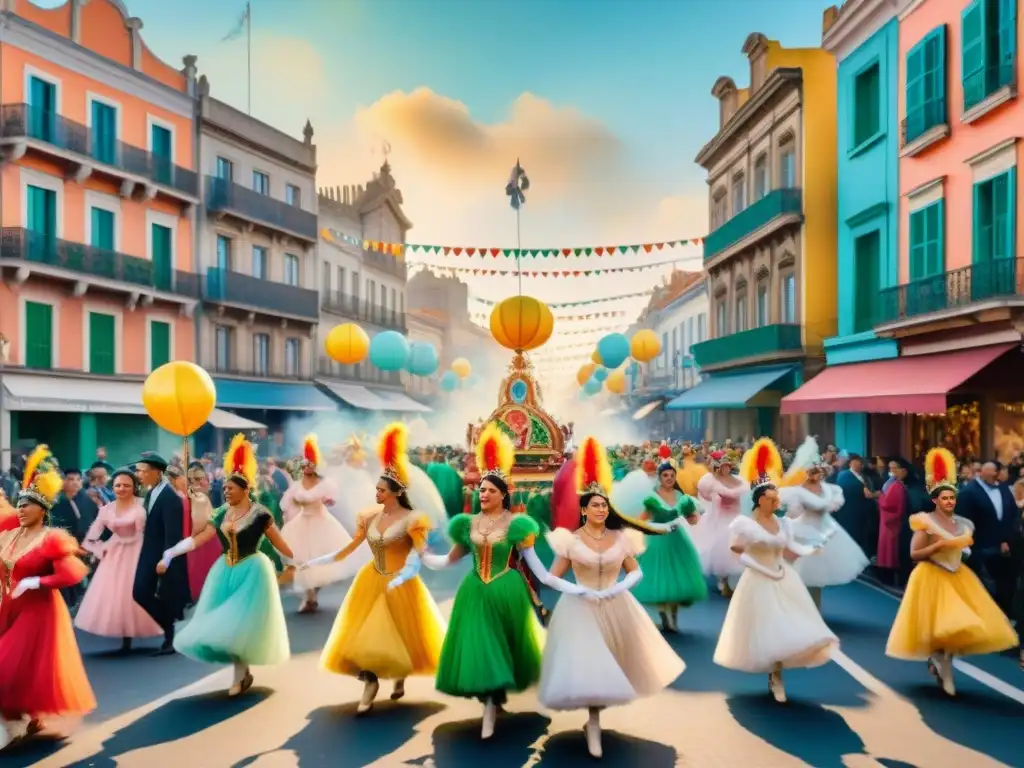 Vibrante Carnaval en Uruguay 1900: Detalles Históricos en Acuarela Una pintura detallada en acuarela que muestra la evolución de las celebraciones de Carnaval en Uruguay