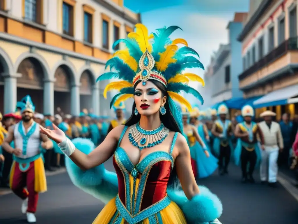 Deslumbrante comparsa de Carnaval en Montevideo Una pintura detallada en acuarela de una comparsa colorida desfilando por las calles de Montevideo durante el Carnaval en Uruguay