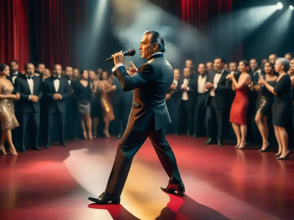 Pintura acuarela de Julio Sosa en escenario de tango Pintura detallada en acuarela de Julio Sosa en escenario, en conexión con Carnaval Uruguayo