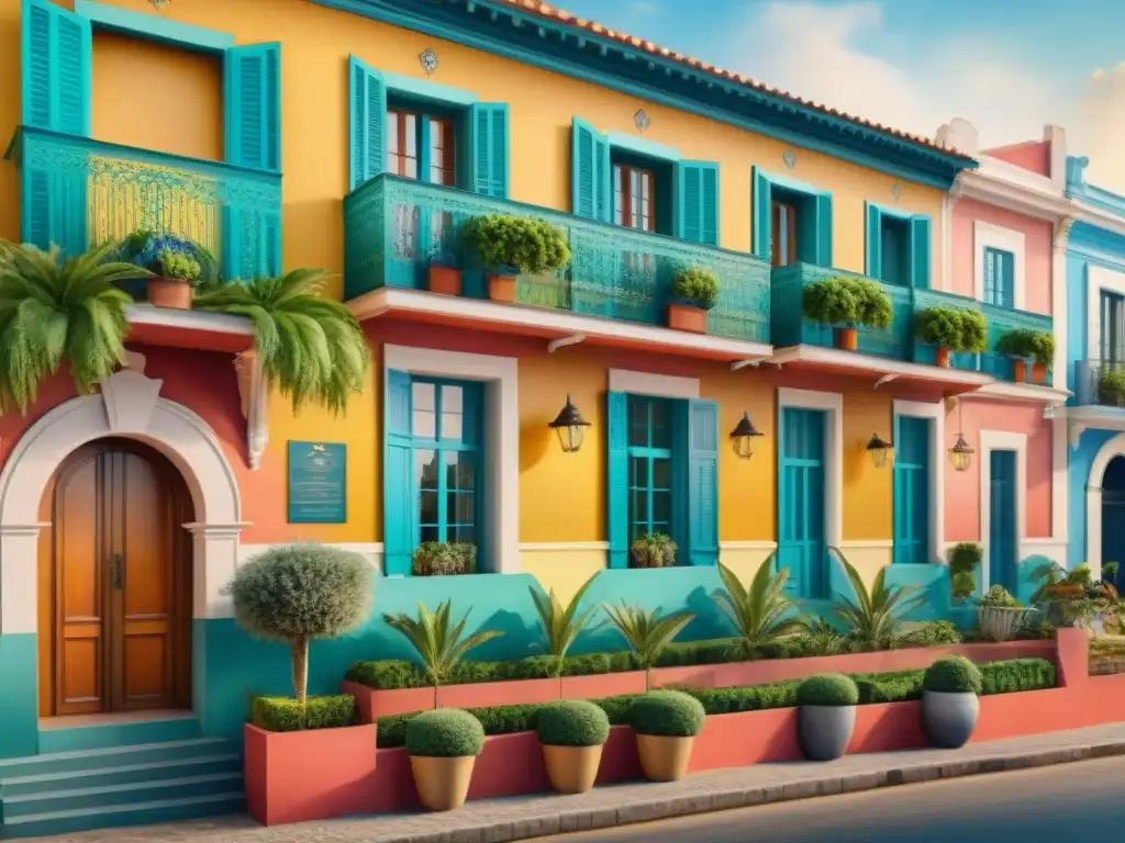 Hotel boutique de lujo en Carnaval: acuarela detallada Una pintura detallada en acuarela de un lujoso hotel boutique en Uruguay durante el vibrante Carnaval