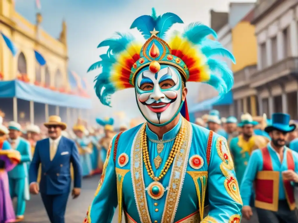 Colorido desfile de Carnaval en Uruguay: tradición festiva y alegría Una pintura detallada en acuarela que muestra un vibrante desfile del histórico Carnaval Uruguayo