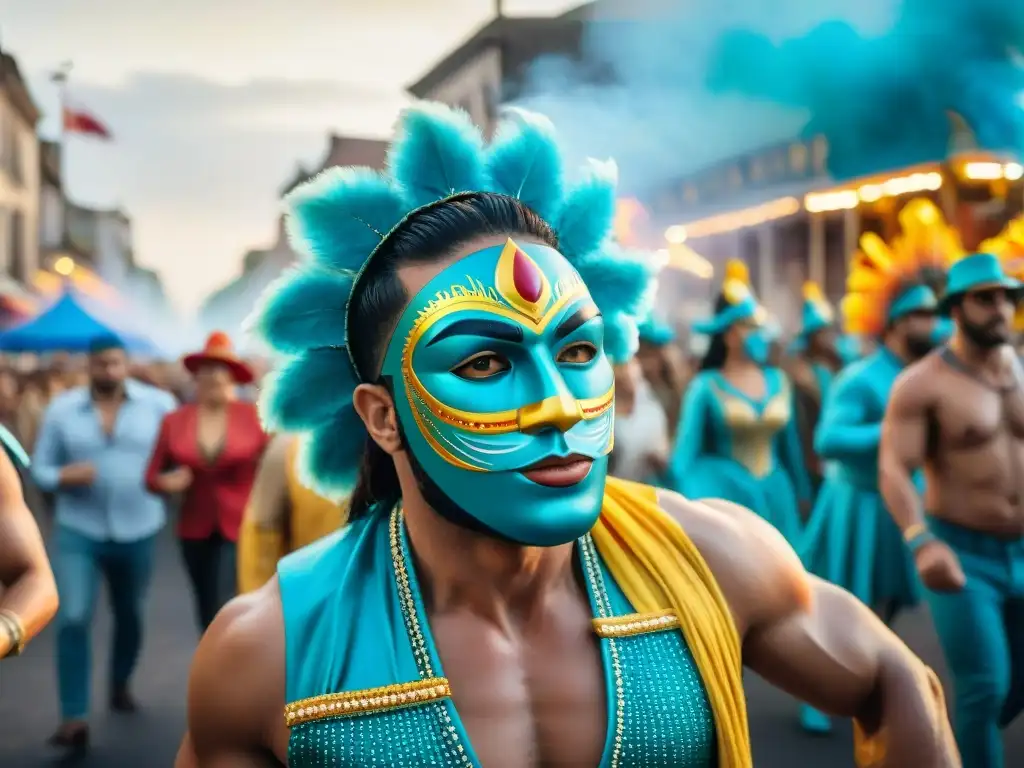Desfile de Carnaval en Uruguay: fiesta y color Una pintura detallada en acuarela 8k del vibrante desfile de Carnaval en Uruguay, con trajes coloridos y músicos en las calles