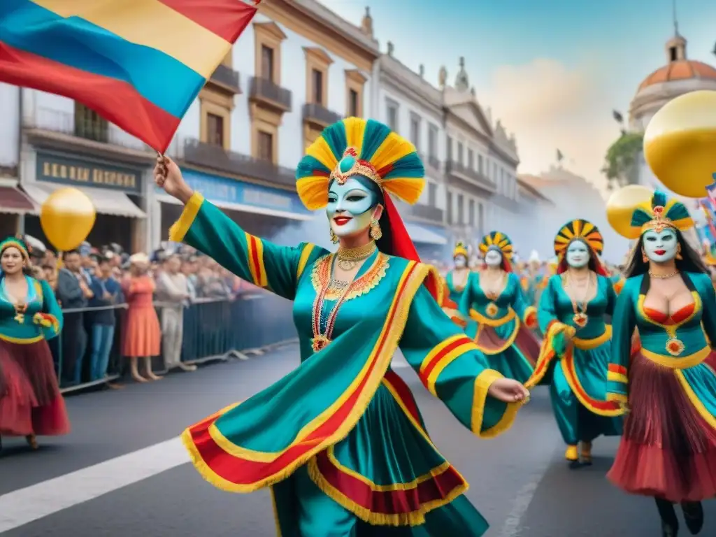 Deslumbrante Carnaval Uruguayo: Alegría y Color en Detalle Una pintura detallada en acuarela del vibrante Carnaval Uruguayo con desfiles coloridos y ambiente festivo