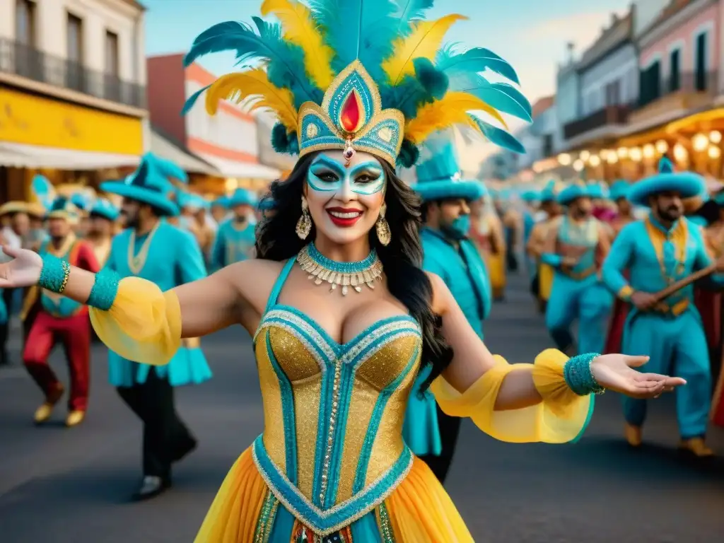 Vibrante Carnaval en Uruguay: acuarela detallada Una pintura detallada en acuarela muestra un vibrante desfile de Carnaval en Uruguay, con trajes intrincados y alegría