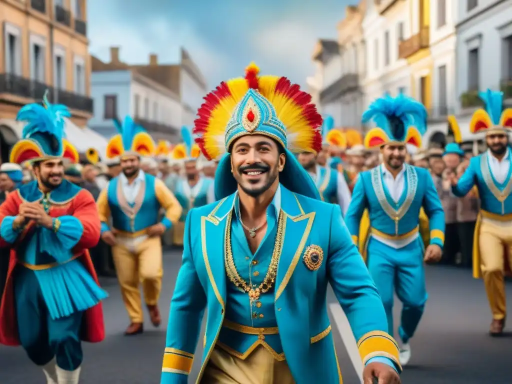 Desfile de Carnaval en Uruguay: alegría y colorido Pintura detallada de un alegre desfile de Carnaval en Uruguay, con carros alegóricos, trajes coloridos y espectadores emocionados en las calles