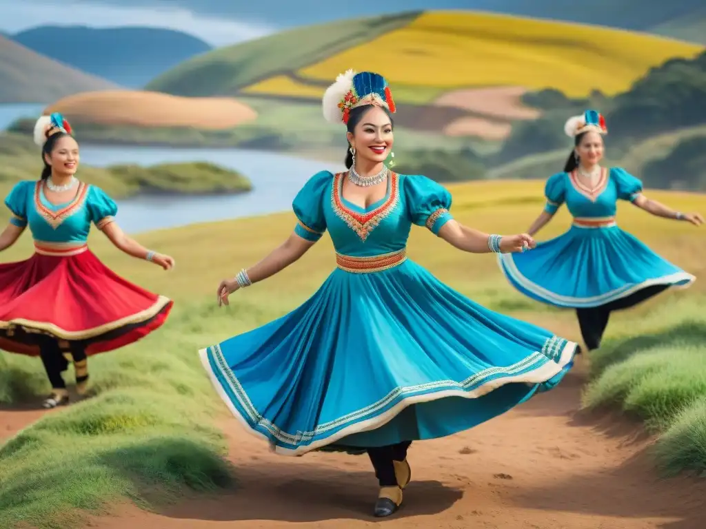 Baile tradicional uruguayo: danza vibrante y colorida en las colinas Una pintura acuarela detallada de una animada actuación de danza uruguaya, con vestuarios vibrantes y un público diverso, en un escenario pintoresco