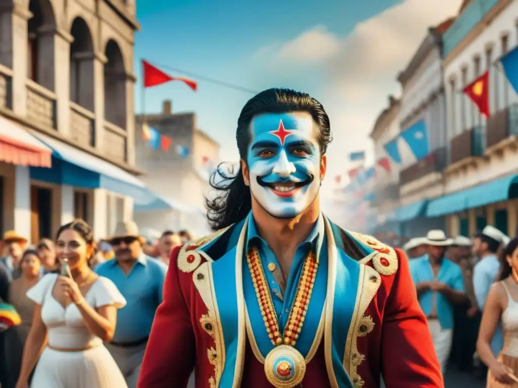 Vibrante carnaval uruguayo: murgueros en acción Una pintura acuarela detallada de una animada escena de carnaval en Uruguay, resaltando la importancia de las murgas uruguayas