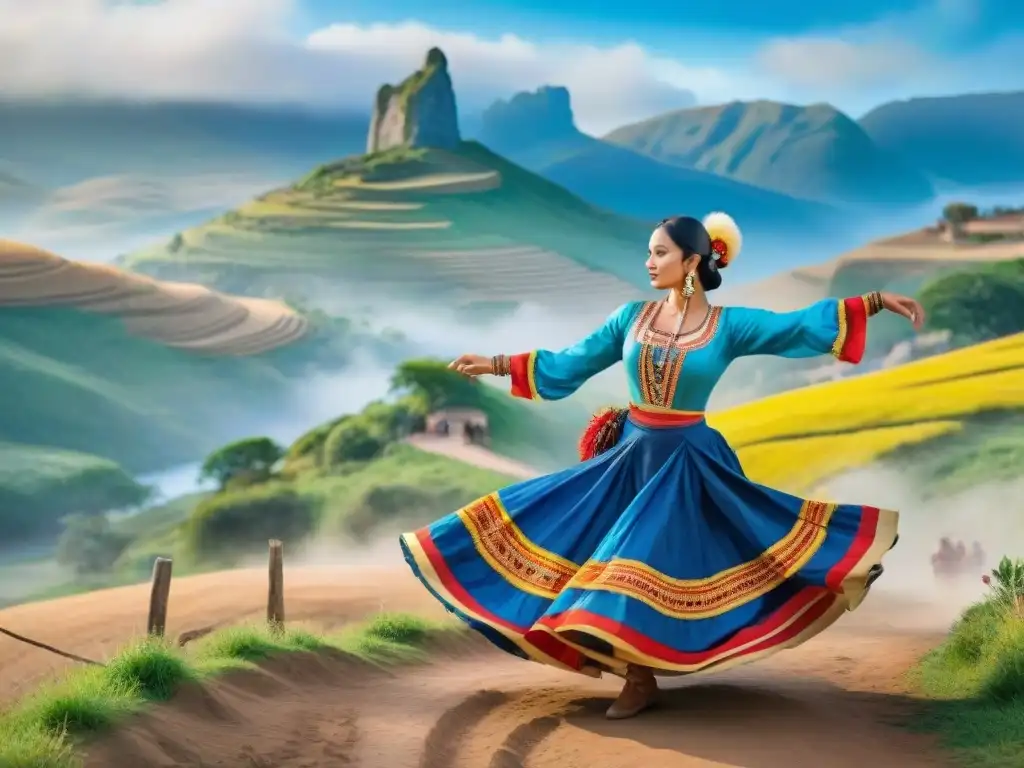 Pintura acuarela de baile tradicional uruguayo con músicos y paisaje Una pintura detallada de una animada escena de danza y música uruguaya integradas en un paisaje pintoresco