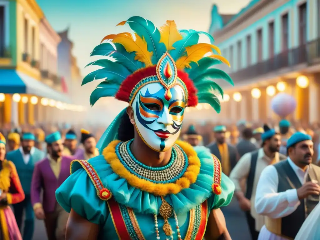 Vibrante Carnaval Uruguayo: Celebración en Acuarela Una pintura acuarela detallada del animado Carnaval Uruguayo con máscaras y trajes tradicionales