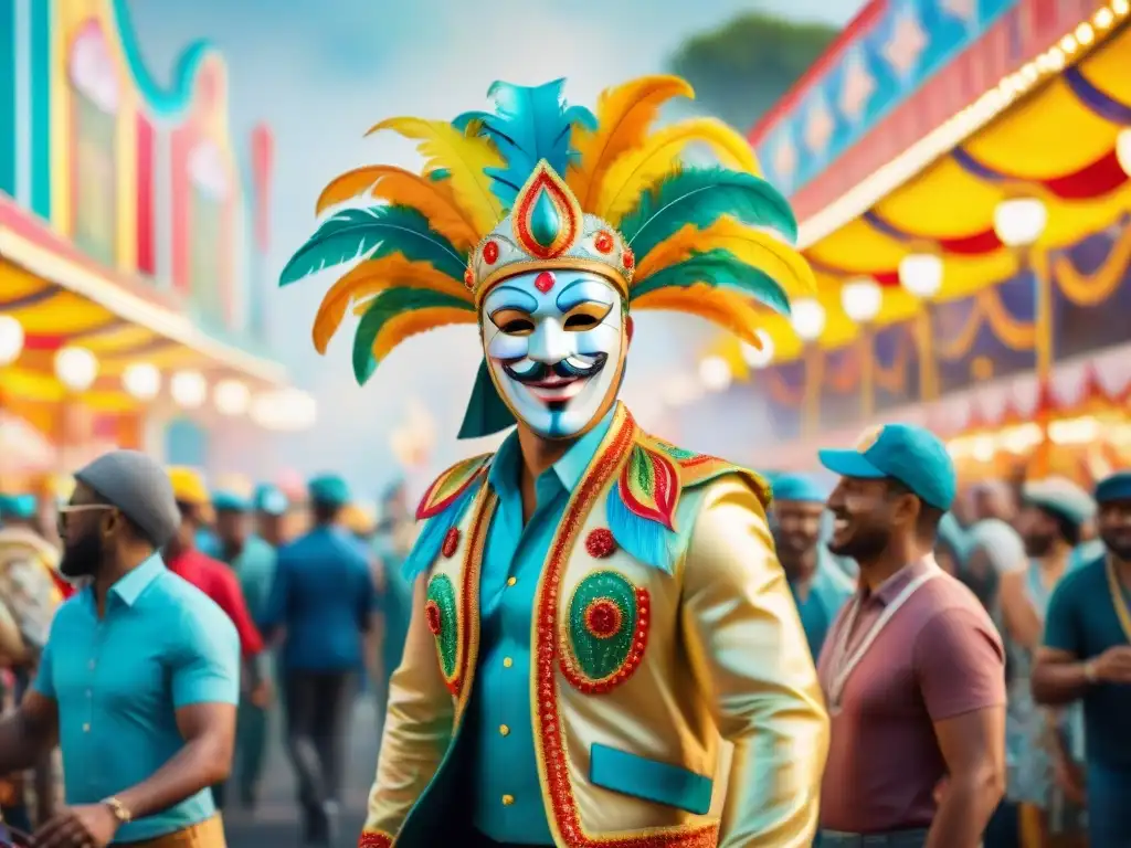 Una pintura detallada de un animado desfile de Carnaval fusionando elementos tradicionales con tecnología moderna
