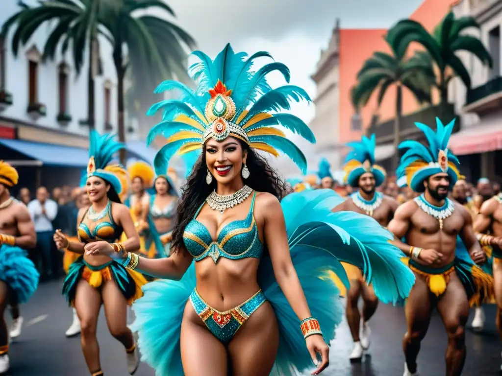 Carnaval en Uruguay: danza, música y ciberseguridad Pintura acuarela detallada de un animado desfile de Carnaval en Uruguay con elementos de ciberseguridad durante Carnaval Uruguayo