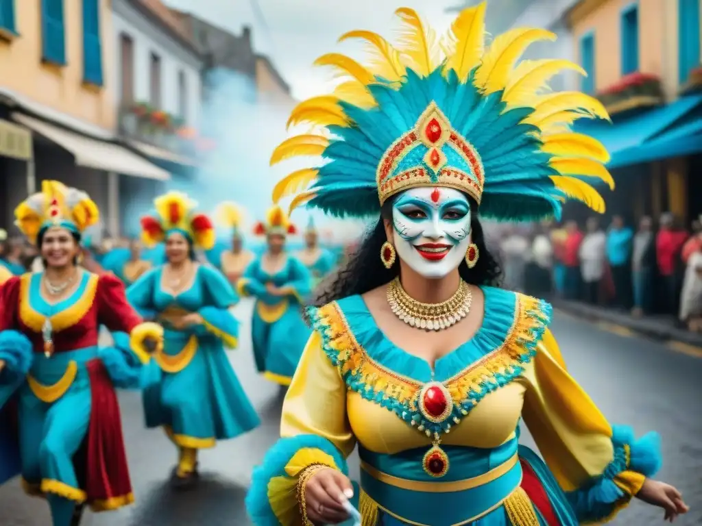 Una pintura acuarela detallada del animado desfile de Carnaval en Uruguay, con coloridos trajes tradicionales y bailarines alegres en las calles